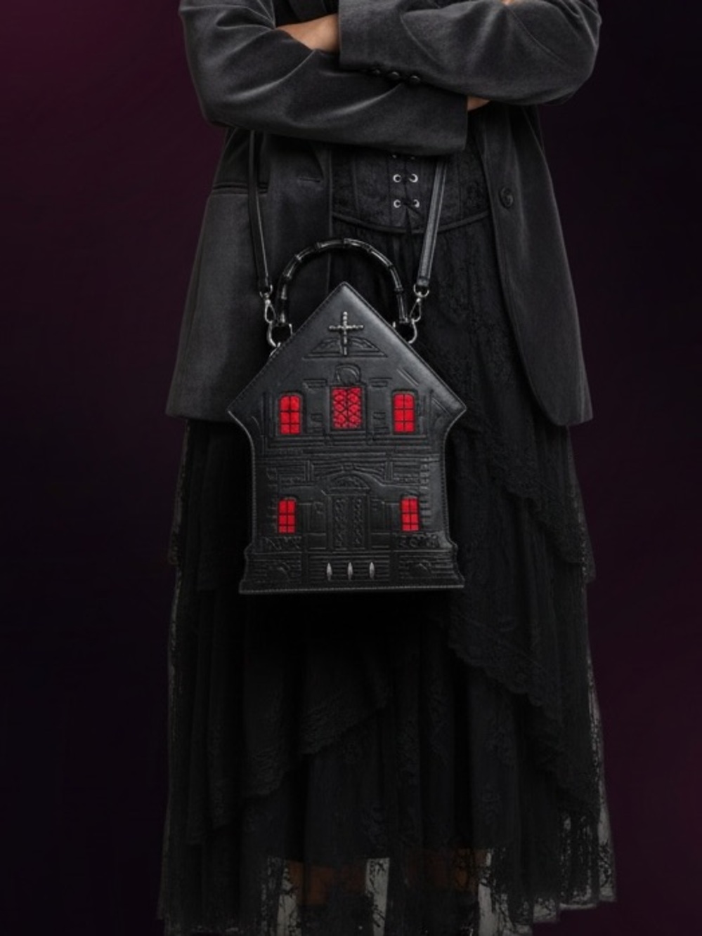 Gothic House-Shaped Black Handbag with Red Window Accents